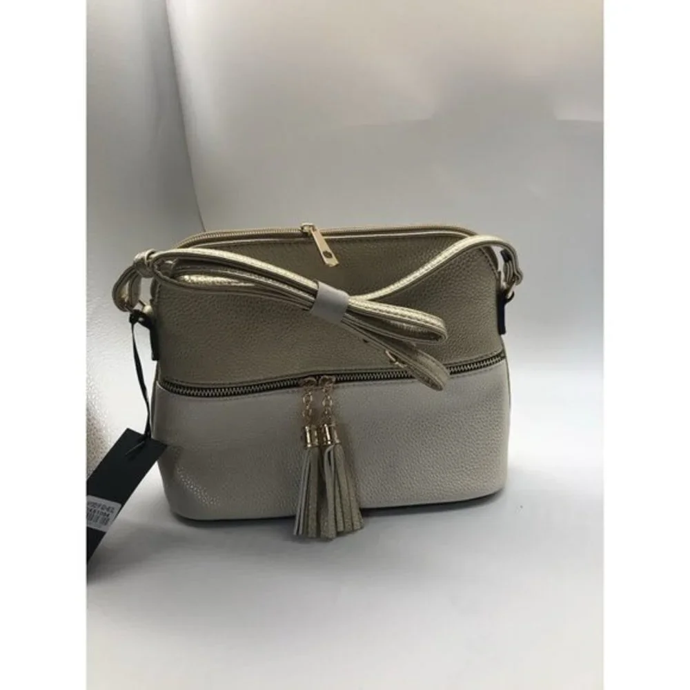 Crossbody‎ Bag Womens Gold Two Tone Tassel Faux Leather Purse
